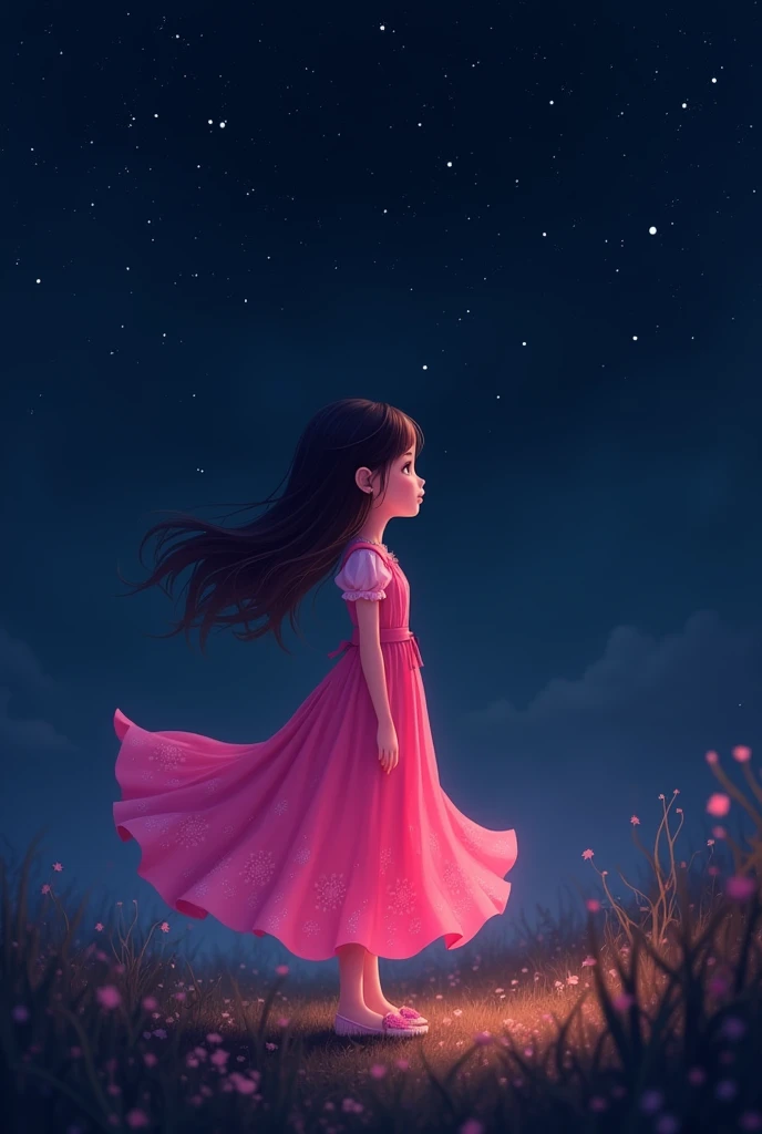 the girl with pink dress at night