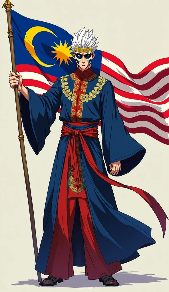 gojo satoru with baju tradisional melayu while holding Malaysia flag and full body like jujutsu kaisen art style
