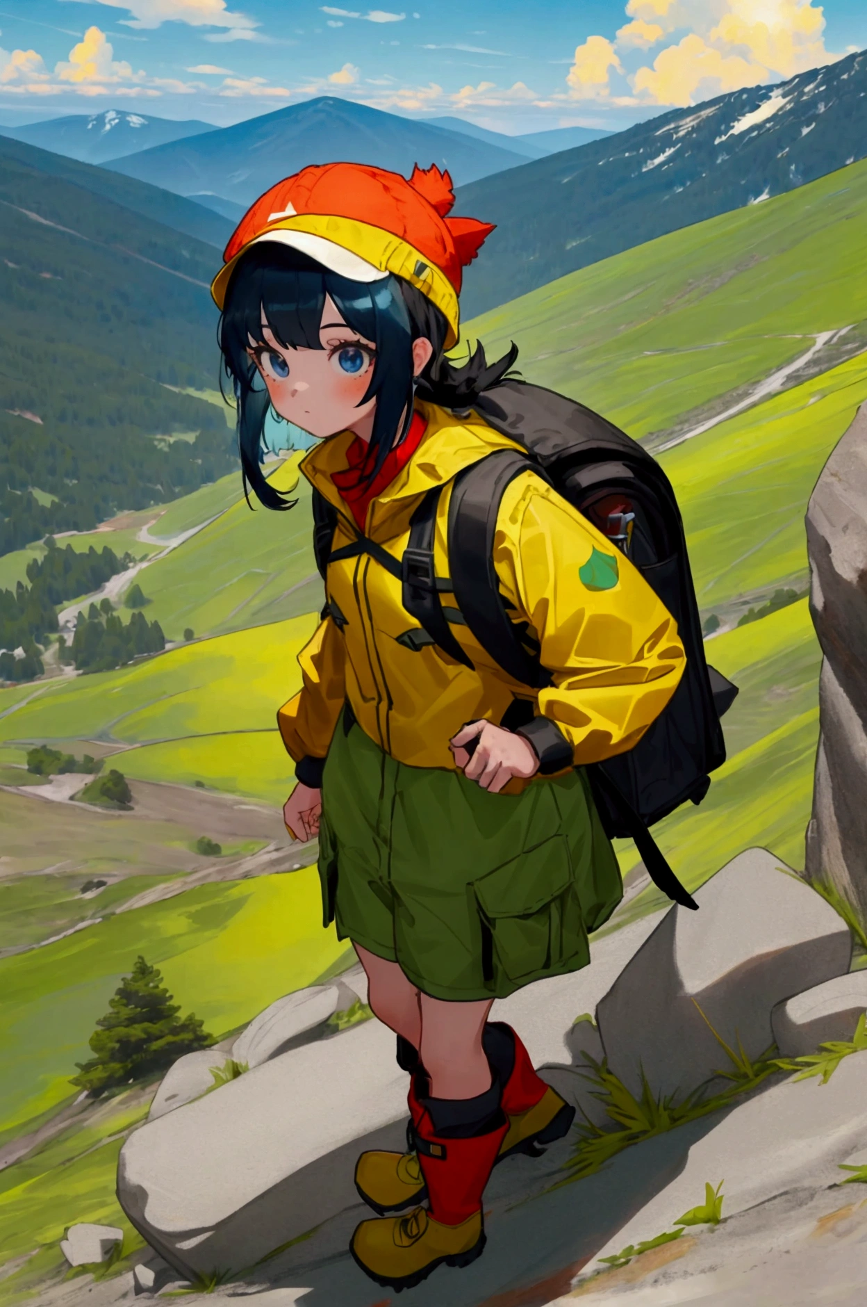 (High quality, masterpiece, two girls), (First girl, from the front, yellow hiking boots, vibrant green hiking clothes, backpack with red accents, blue hat, black hair, black eyes, short hair), (Second girl, from the front, red hiking boots, yellow hiking clothes, light blue hat, black backpack, blonde hair, blue eyes, long hair), (mountain climbing, rocky surface, sun peeking through the clouds)