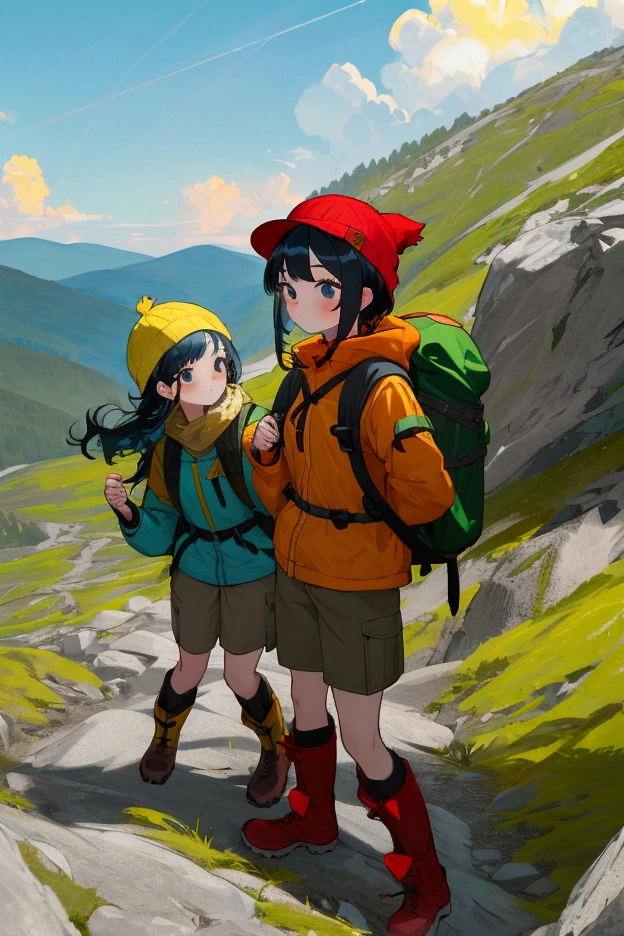 (High quality, masterpiece, two girls), (First girl, from the front, yellow hiking boots, vibrant green hiking clothes, backpack with red accents, blue hat, black hair, black eyes, short hair), (Second girl, from the front, red hiking boots, yellow hiking clothes, light blue hat, black backpack, blonde hair, blue eyes, long hair), (mountain climbing, rocky surface, sun peeking through the clouds)