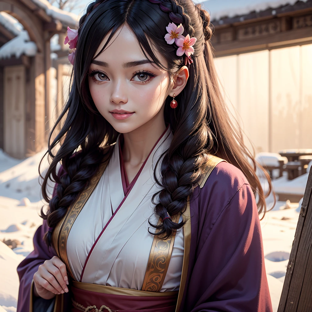 Bright Purple Taoist Robe, Hanfu for falda larga, large eyes, Masterpiece absolute beauty, 1 woman, close up. close up, healing smile, snow scene, 4K image quality, twisted braid, Princess hairstyle princess cut, simple hair accessories, plum blossoms, people can't forget beauty when they see it. Seductive, full body, sexy.
