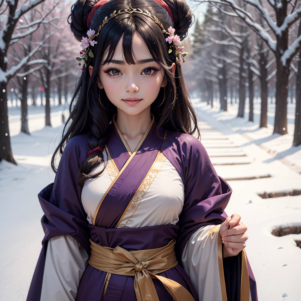Bright Purple Taoist Robe, Hanfu for falda larga, large eyes, Masterpiece absolute beauty, 1 woman, close up. close up, healing smile, snow scene, 4K image quality, twisted braid, Princess hairstyle princess cut, simple hair accessories, plum blossoms, people can't forget beauty when they see it. Seductive, full body, sexy.