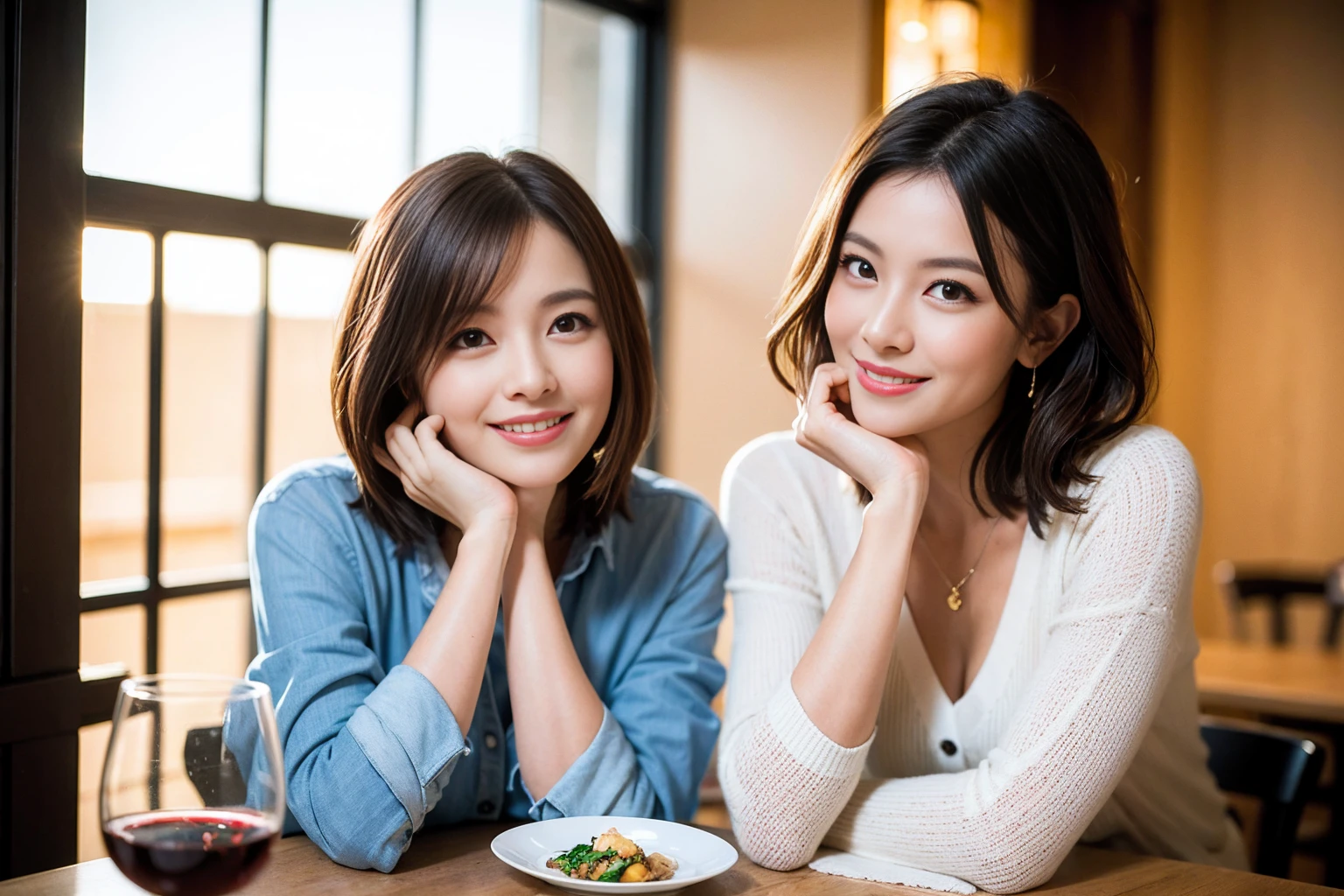 ((Highest quality、8k、masterpiece:1.3))、slimカップル、modelカップル、(Realistic, Intricate details:1.2), Japanese food、Buckwheat、Japanese sake、Shochu 、Amazing view of the sunset sky and clouds、A bright smile、The wonderfulness of smile、Bright image、Beautiful Face, blue eyes, The light shines on your face, blush, short hair,Bright Face、 (Age 37), 39 years old, sparkling wine、Two beauties、Brown Hair、Shortcuts、Long sleeve shirt、dress、Beautiful woman 1, (slimな顔), (The body is slim), (Brown Hair), (Shortcuts), cheeks turn a little red,Attractive beauty、restaurant, In a prominent place (From the waist up) Nova Frog Style, actress, model, Upper Body, White wine, slim, smile, (smile: 1.15), Beautiful fine grain, Depth f/2,saturation, High Contrast, Strong light and shadow,Moist Body:1.5、3D texture、Delicate eyes、Brown Hair、The hair is very shiny、