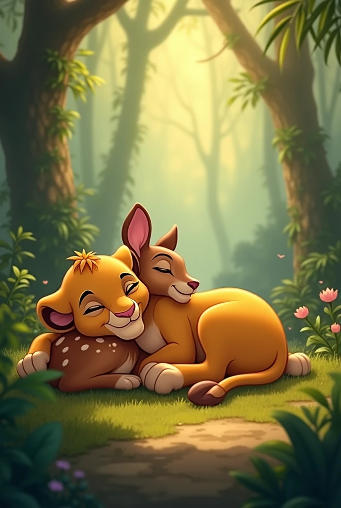 Cute Simba and cute dear sleeping her Jungle dhoop