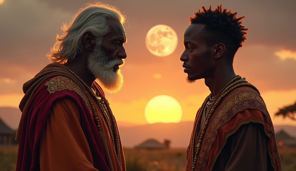 Zolani looked at his son, seeing in him the same fire that had once driven him to greatness—and to ruin. He sighed deeply, his voice carrying the weight of his past as he replied, "Mandla, my son, the power I wielded was not true power. It was born of fear and maintained through suffering.
Zolani is an old wise looking king dressed in a regal buth worn attire.
His son is a 22 years old prince dressed in a rich vibrant robes that signify his royal heritage. With a low cut hair style
They both are standing in the edge of the village down the evening as the moon shines.