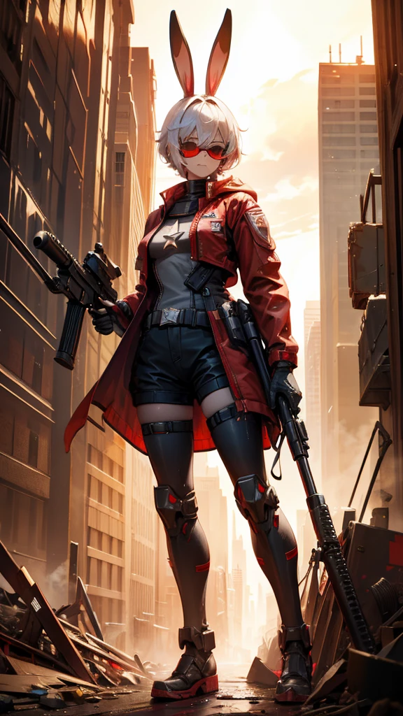 The metropolis of the future.A lovely and charming girl,Rabbit ears,short hair,All American Body,infrared glasses,Wearing a red and white combat uniform,Wearing a combat coat,Holding sniper rifle,in the ruined city