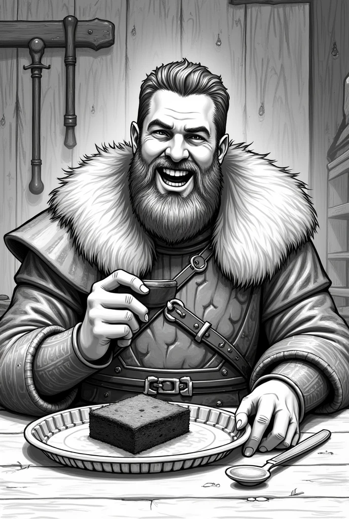 viking, happy,at a feast with weapons,eating brownie on small aluminum tray . Black and white sketch style