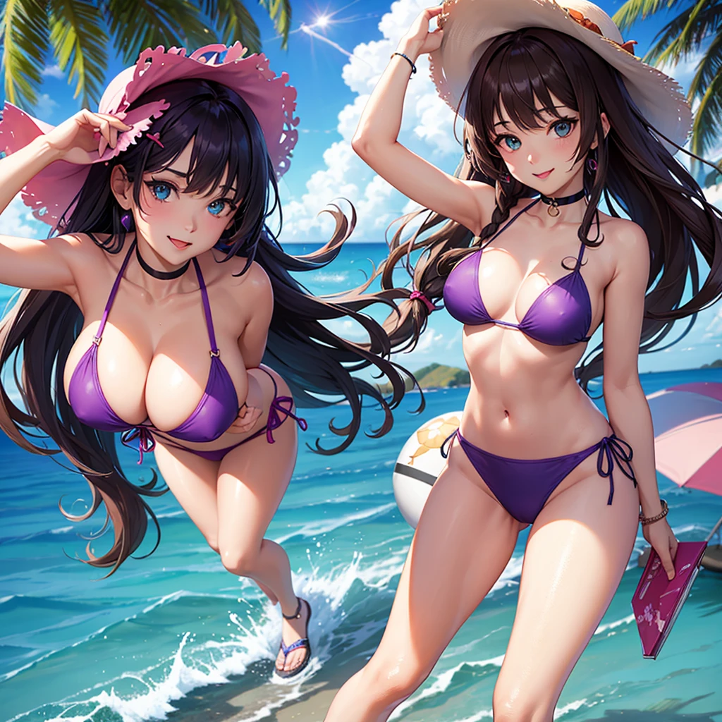 A beautiful girl in a purple bikini with a plate of fruit, anime girl, purple ruffled bikini, beach, sun, sand, sea, beautiful sky, chopped fruit, coconut tree, beach hat, sandals, crabs and dolphins, big round breasts, dark brown hair, long bangs, braided ponytail, long hair, wavy hair, shiny hair, hairclip, ribbon, sunglasses, anchor choker, aqua eyes, glowing eyes, earrings, blush, tongue, smiley, glossy lips, upper teeth, slim waist, beautiful legs, detailed body, full body, high detail, anime, anime style, depth of field, cinematic lighting, dithering, image fill, multiple views, from above, from below, from behind, from side, perspective, lens flare, Wide-Angle, f/1.8, 85mm, Sony FE GM, 8k, super detail, UHD, retina, masterpiece, accurate, anatomically correct, textured skin, high details, best quality, highres, 16k