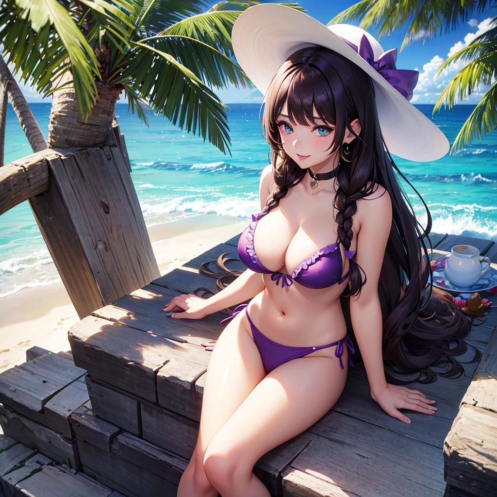 A beautiful girl in a purple bikini with a plate of fruit, anime girl, purple ruffled bikini, beach, sun, sand, sea, beautiful sky, chopped fruit, coconut tree, beach hat, sandals, crabs and dolphins, big round breasts, dark brown hair, long bangs, braided ponytail, long hair, wavy hair, shiny hair, hairclip, ribbon, sunglasses, anchor choker, aqua eyes, glowing eyes, earrings, blush, tongue, smiley, glossy lips, upper teeth, slim waist, beautiful legs, detailed body, full body, high detail, anime, anime style, depth of field, cinematic lighting, dithering, image fill, multiple views, from above, from below, from behind, from side, perspective, lens flare, Wide-Angle, f/1.8, 85mm, Sony FE GM, 8k, super detail, UHD, retina, masterpiece, accurate, anatomically correct, textured skin, high details, best quality, highres, 16k