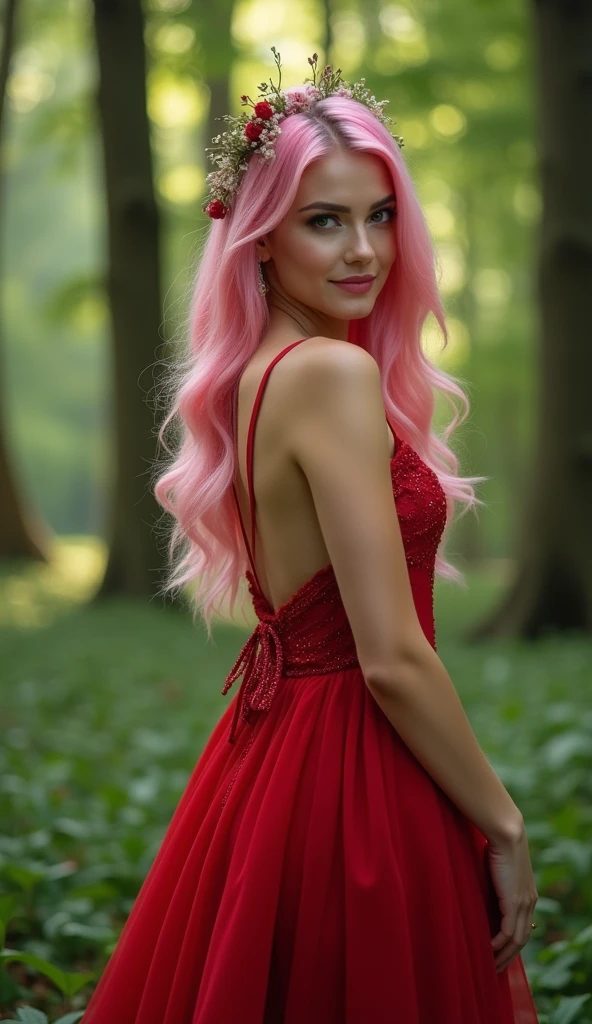Incredibly detailed 4k photography of a woman with pink hair, green eyes, seductive gaze and soft smile, wearing a long red dress at a forest wedding party