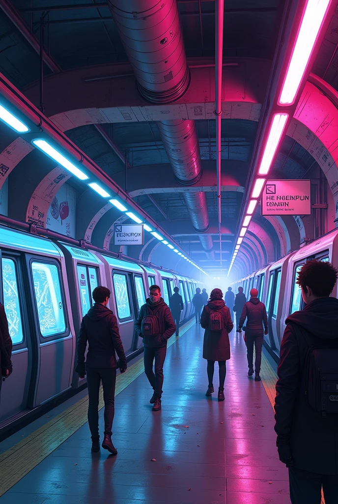 Create an illustration of a Brussels metro station in a cyberpunk style inspired by *Cyberpunk: Edgerunners*. The station should reflect a mix of futurism and traditional Brussels elements, with signs in French and Dutch and Art Nouveau architectural touches. The typical Brussels metro cars, recognizable by their classic design and beige or white color, are present, but modified with neon lights and holographic screens. The stage is illuminated by purple, blue and pink neon, and the atmosphere is marked by a contrast between high-tech and slight dilapidation, with graffiti and passengers sporting cybernetic implants. The overall effect is both futuristic and dystopian.