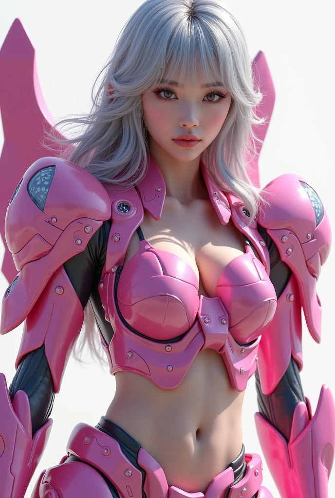 (masterpiece, best quality:1.3), (16k, highres:1.3), 1girl, white skin, model, glamor, navel, , medium breasts, dynamic pose, dynamic angle, black eyes, serious, silver hair, swept bangs, ringlets, very beautiful korean female idol, pink mecha armor, gundamgirl style, sazabi,