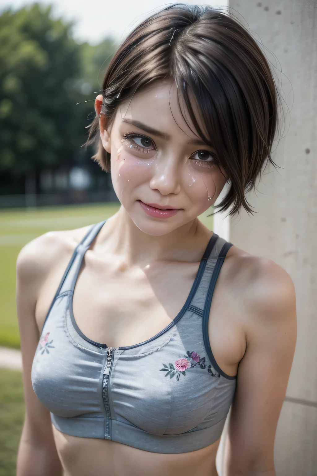 (Realistic Face:1.2), (CRYING FACE EXPRESSION:1.3), Chubby adorable, (sport bra), 1 girl, (face to face), , baby face, happy, half body portrait, (face details: 1), (eye details: 1), ((flat breasts)). wtransparent transparency soft soft long shirt, .. Cute posed. proportional body. Ultra High Res. realistic: 1.4, UHD, (floral pattern), (punk shorthaircut), ((Sports Bra Latch))
