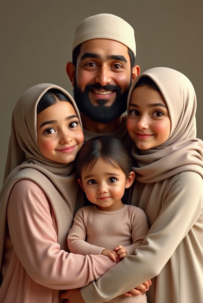 A 38 years old Muslim man with beard wearing a Muslim cap with his three daughters age of 5 years and 3 months