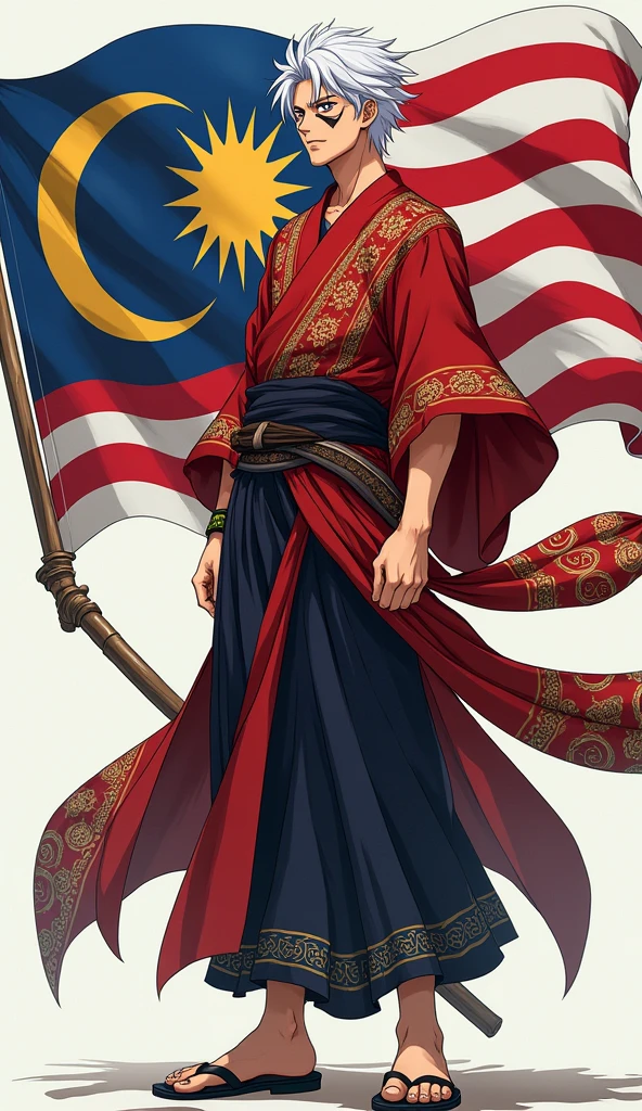 gojo satoru with baju tradisional melayu while holding Malaysia flag and full body like jujutsu kaisen art style make his face very handsome