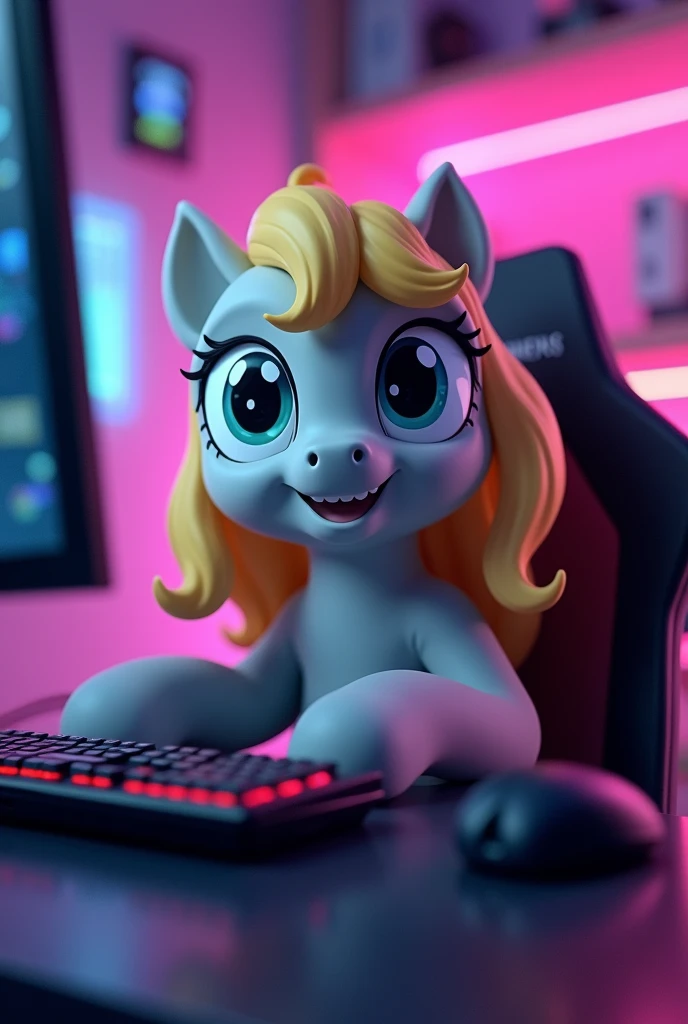 I want a picture of Derpy Hooves her skin color is gray, and her hair is golden, I want it to be on a gamer PC looking at the camera and the monitor, this is a YouTube channel that says "doge the experimenter" RGB lights and Derpy is happy