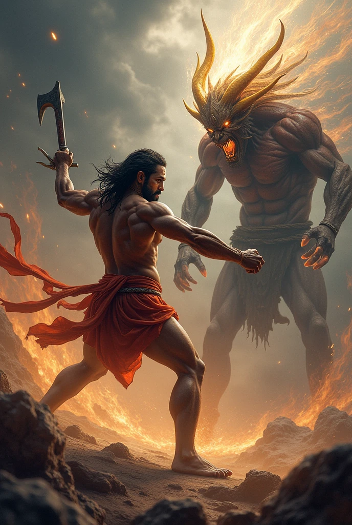 Hanuman Ji with gada fighting with devil