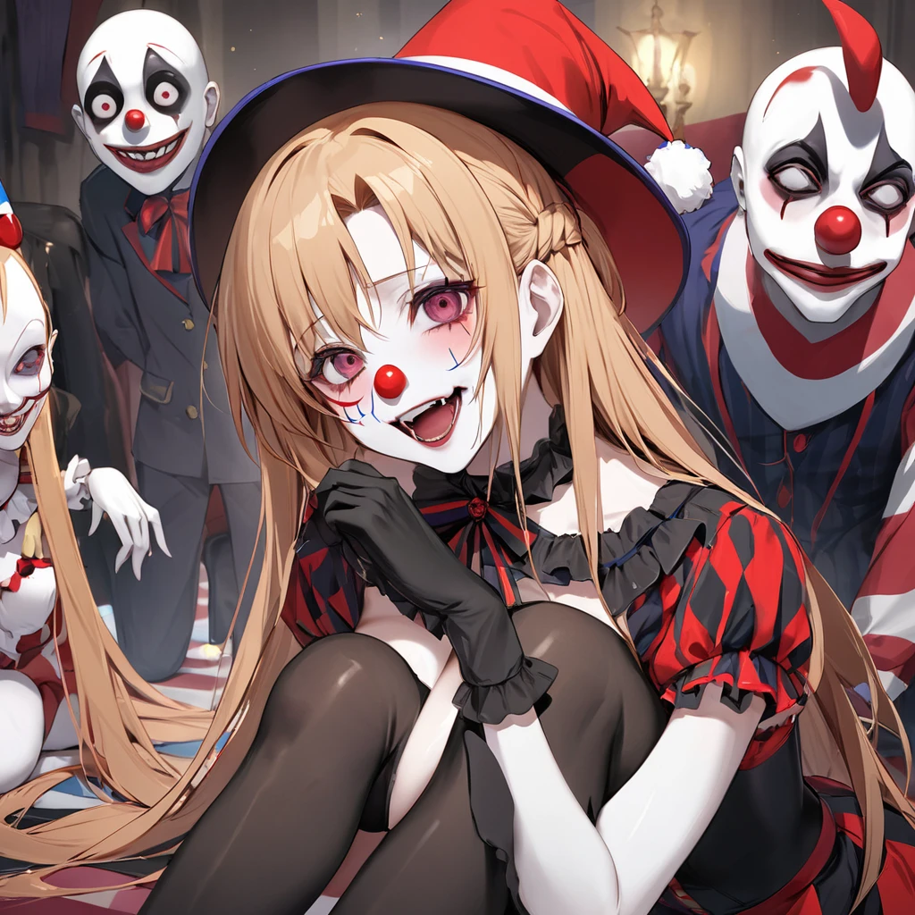 ((Highest quality)), ((masterpiece)), (detailed), (Perfect Face)、((The woman is Yuuki Asuna, with light brown, medium-long hair, pure white skin, and a creepy clown mask.))、The woman is a creepy, evil clown wearing a risqué black rubber V-neck leotard outfit, long black rubber boots, long black rubber gloves, lots of frills and clown decorations, a clown collar, a clown jester hat, a swallowtail skirt, and creepy clown makeup on her face and a red nose.、The woman is a creepy, evil, lewd clown who is a minion of an evil organization.、The woman has given her soul to the Ringmaster and is destined to be his wife and eternal partner. They are bound together by their souls and are in love with each other, making them a creepy couple.