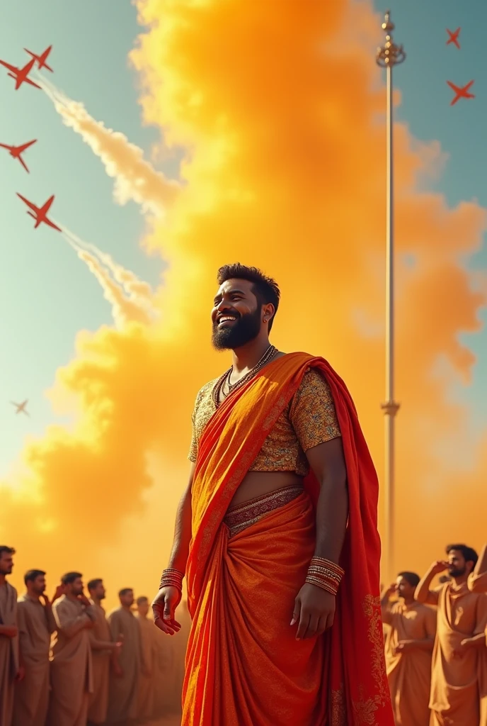 (photorealism:1.2), Indian very beautiful fat and tall man, were saari, happy face, The whole world is covered with the tricolor, 5 aircraft are raining saffron color in the sky, Indian people are saluting a big tricolor flag, it is raining in Indian environment