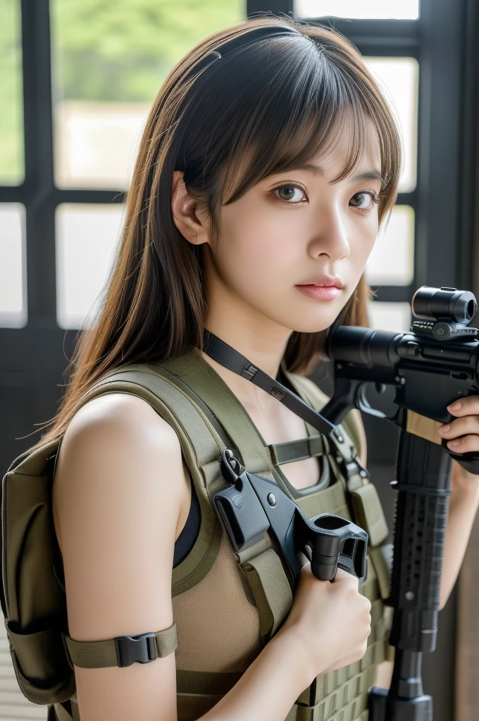 (masterpiece, ultra-detailed, ultra-realistic, best quality, clear focus, photorealistic), (ultra-high resolution, 8k:1.3), cinematic color-grading film, dramatic scenes, shadow, global-illumination, perfect anatomy, perfect face, (detailed face, detailed eye:1.3), (20 years old Japanese blonde girl:1.2), (experienced professional sniper:1.2), professional light, (beautiful with cute but boyish cool Japanese face:1.3), (holding m4a1 large assault rifle:1.4), (long barrel rifle:1.3), (Strong willed expression:1.2), (afraid), (leather bodysuits:1.2), slim waist, (heavy makeup as bad girl:1.3), amazing view, very large breasts, tactical vest, military harness, face focus
