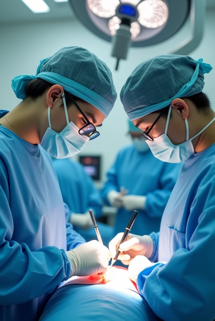 Two asian doctors are operating in the operating room,close up,Clean operating room, bright