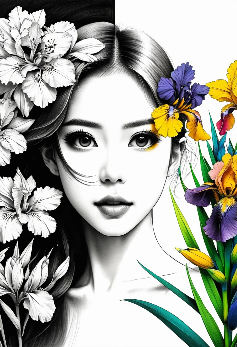 (Anime line drawing:1.5)，(black andwhite:1.45)，minimalism，(line art:1.6)，outline，Charcoal drawing，mask，flowers，The artwork should transition from a black and white pencil drawing style on the left half to vibrant colors on the right half., Ensure seamless integration between the two halves, without any dividing line, The scene is identical on both sides, with the left side featuring detailed black and white pencil strokes and the right side filled in with color, creating a harmonious blend throughout the image