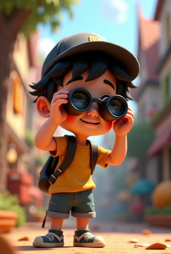 disney pixar 3d character of a fair-skinned boy with a black cap and looking through binoculars.body tilted to the right
, (best quality, ultra-detailed, realistic:1.37), vibrant colors, studio lighting, [3d rendering], [captivating expression], [playful pose], [outdoor environment], [attention to facial details], [lively background], [impressive artwork], [expressive eyes], [youthful energy], [detailed outfit], [distinctive black hair], [focus on camera], [playful atmosphere], [vivid colors], [dynamic composition], [attention to lighting and shadows], [engaging narrative], [creative exploration], [fantasy-inspired], [whimsical touch], [inspiration from Disney Pixar aesthetics], [magic in the air], [exciting adventure], [enthusiastic expression], [dynamic perspective], [joyful spirit], [captivating storytelling], [impressive detail in surrounding objects], [attention to textures and materials], [charming atmosphere], [captivating character design], [emphasis on facial features], [professional quality], [artistic finesse], [attention to depth and dimension], [playful interaction with the camera], [immersive experience], [expressive gestures], [energetic movement].
