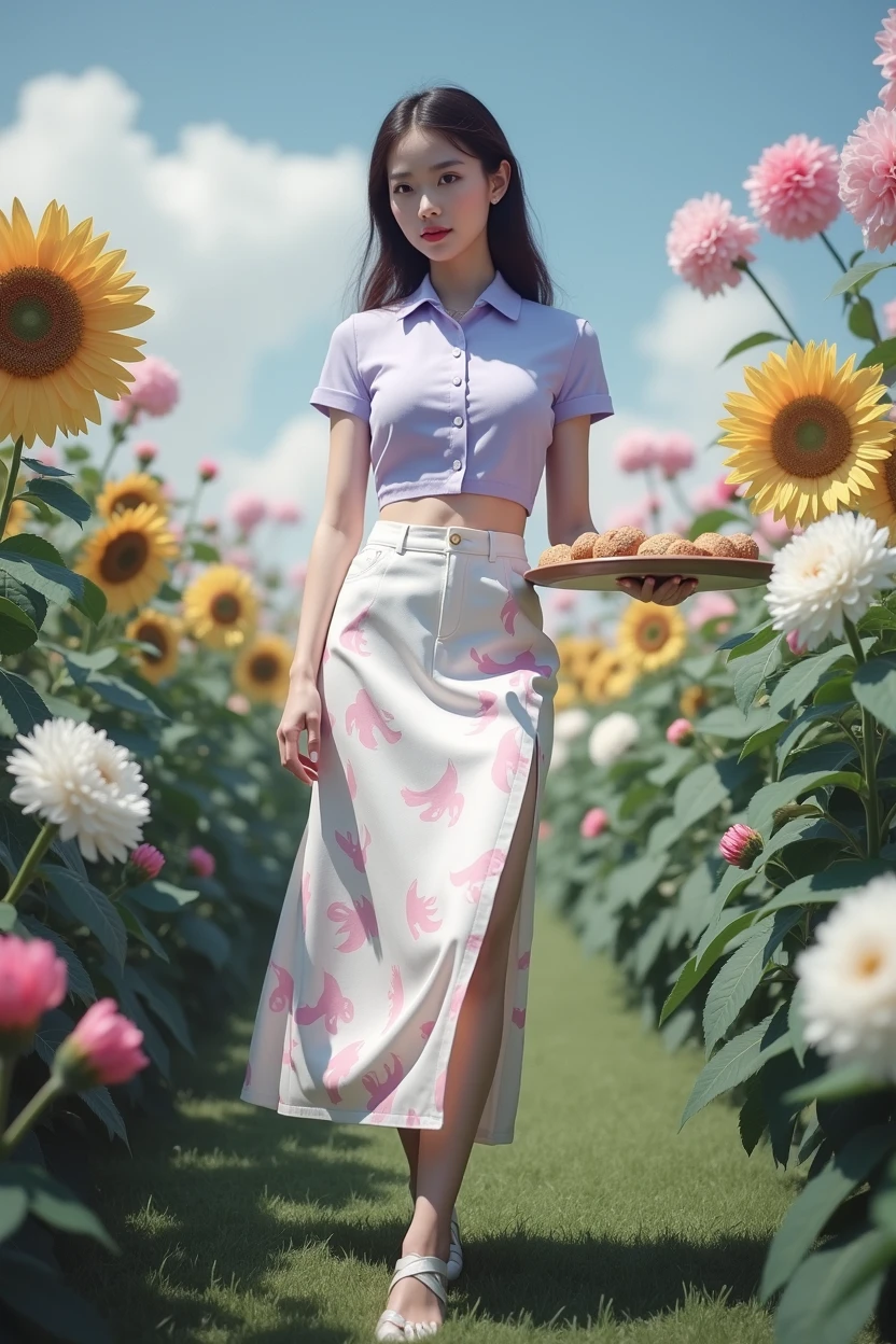 a girl wearing a light purple acmm top with short sleeves and buttons, acmm long skirt in white and pink with a printed pattern, holding a tray, detailed facial features, beautiful eyes, beautiful lips, detailed body, realistic, photorealistic, highly detailed, 8k, masterpiece, professional, vivid colors, studio lighting, cinematic lighting