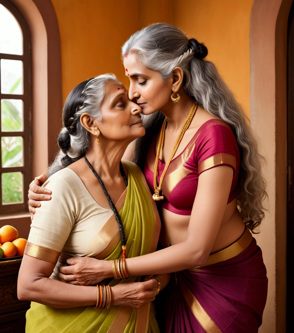 A heartwarming scene of an elderly woman with long, flowing totaly wet 3c curly gray hair and traditional Indian attire with unhooked saree jacket with exposing her eldey breast,adorned with gold earrings and bangles, wildy kissing her 29 years old grand-daughter in nude, who has dark fully cornrowed braided rapunzel hair and is wearing a bra and panty,her part of long cornrow braides flows her face with wildness eyes wjere the sexuality iminate,The background features soft, warm lighting from a window, with hints of a cozy home setting filled with plants and a table with fruits, capturing a moment of love and connection.vibrant colors, soft focus, and sexual emotional depth,Generste with detsiled nudidy,Generate woth high indian ethnicity,Generate with wildness sexuality,Generste with elderity nudity and much younger nudity as detailed Generate grandma' unhooked saree jacket exposing her aged eldey breasts,boobs