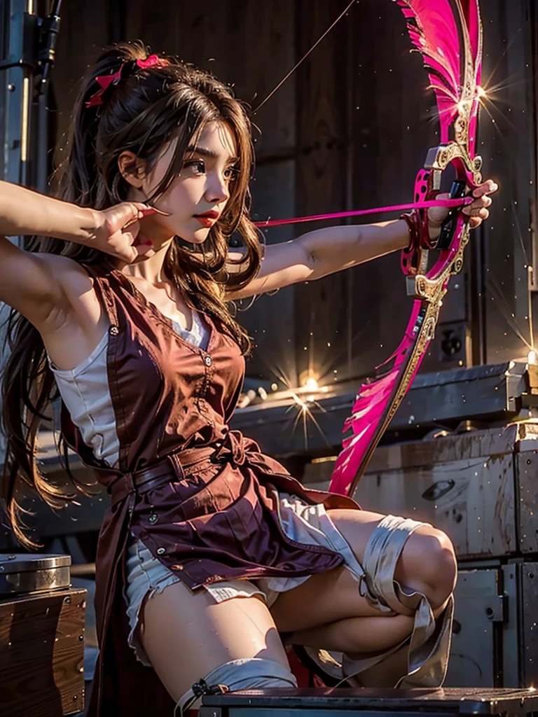 Close-up shot of age girl posing with bow in hand