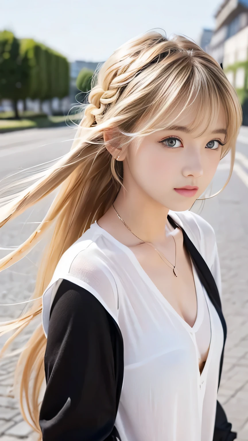 Sexy Big 、Sexy cute looks and cute beautiful girl, beautiful and sexy face、A strong wind blows my hair in front of my face、beautiful long blonde French braided hair、beautiful, Cute and sexy eyes hidden behind long bangs