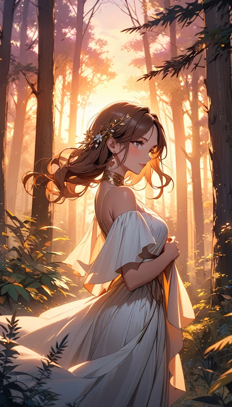Beautiful mystical woman with brown hair, in a beautiful forest enjoying the sunset