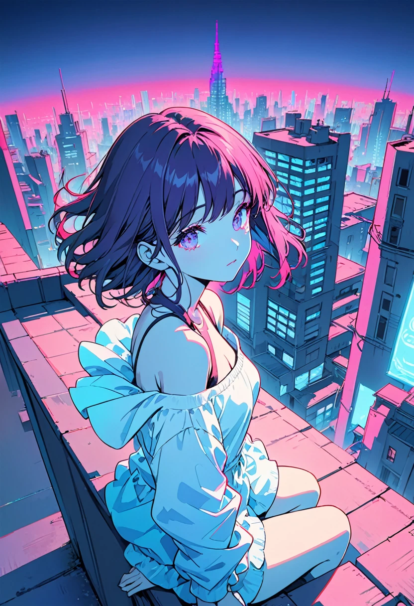 masterpiece,Highest quality,1 Synthwave style girl,Blue outline,Neon lit street,Blue fluorescent paint,alone,From above,Cowboy Shot,Sitting on the roof of a building,Highly detailed CG,Flat Color,Limited edition palette,No Line Art,silhouette,Partially colored,Alternative color,Dynamic Angle,Blue long top champagne,Deep purple shadow,Synthwave,chromatic aberration,(alone focus),Perfect Shadow,Wearing an off-the-shoulder floating jacket,Delicate face,Bare shoulders,Beautiful and delicate eyes,Delicate background,Blue Neon Light,