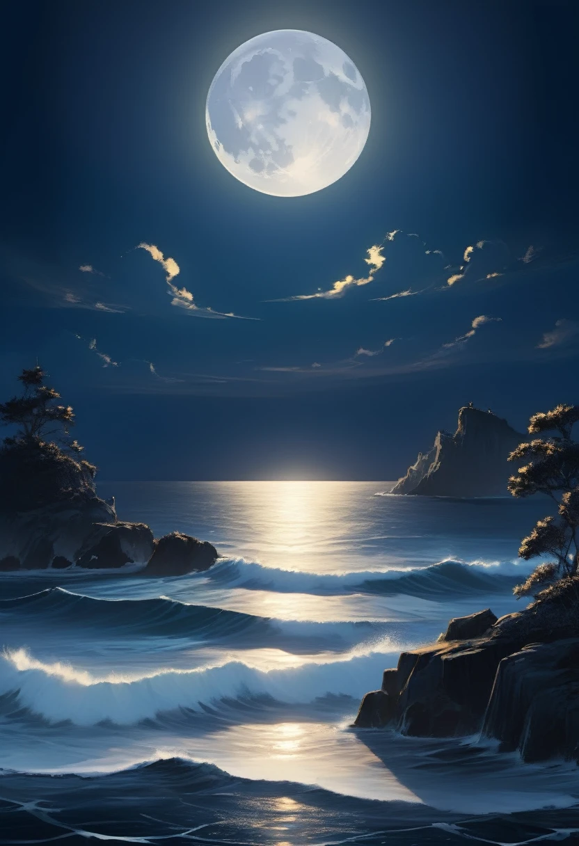 A sea at night under the moonlight