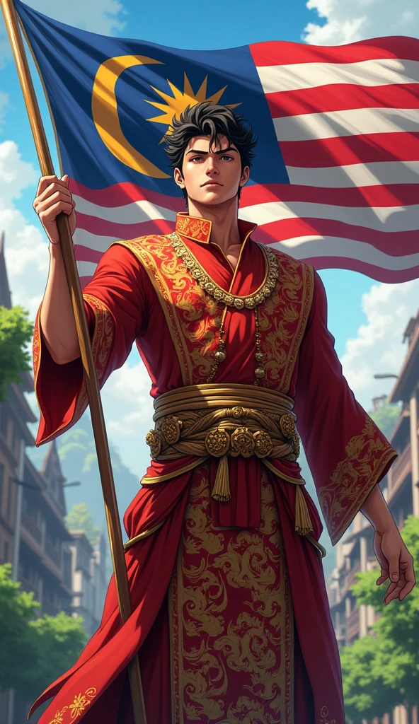 gojo satoru with baju tradisional melayu while holding Malaysia flag and full body and make his face very handsome