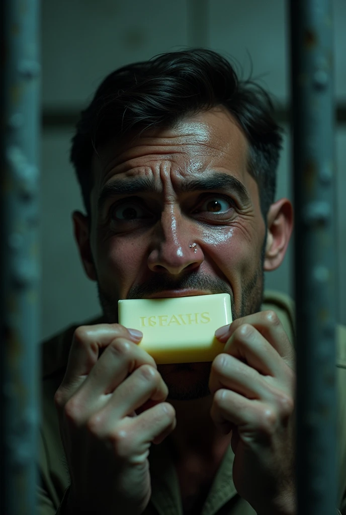 a man with a soap bar in his mouth, crying face expression, in a prison setting, highly detailed, cinematic lighting, dramatic composition, photorealistic, 8k, award winning photography, moody color palette, chiaroscuro lighting