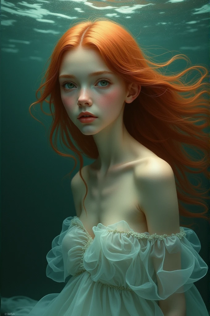 (​masterpiece, highest quality), ((a girl, alone, Long hair)), Ismael_Rand, innocent look, bare arms, Expose shoulders, Bare neck, aquaticcolor, sundress, Liquid clothing, aquatic, Wave, aquatic dress, Green_theme, natta, haze, dark, keen focus, Ozean, see through dress, Red hair