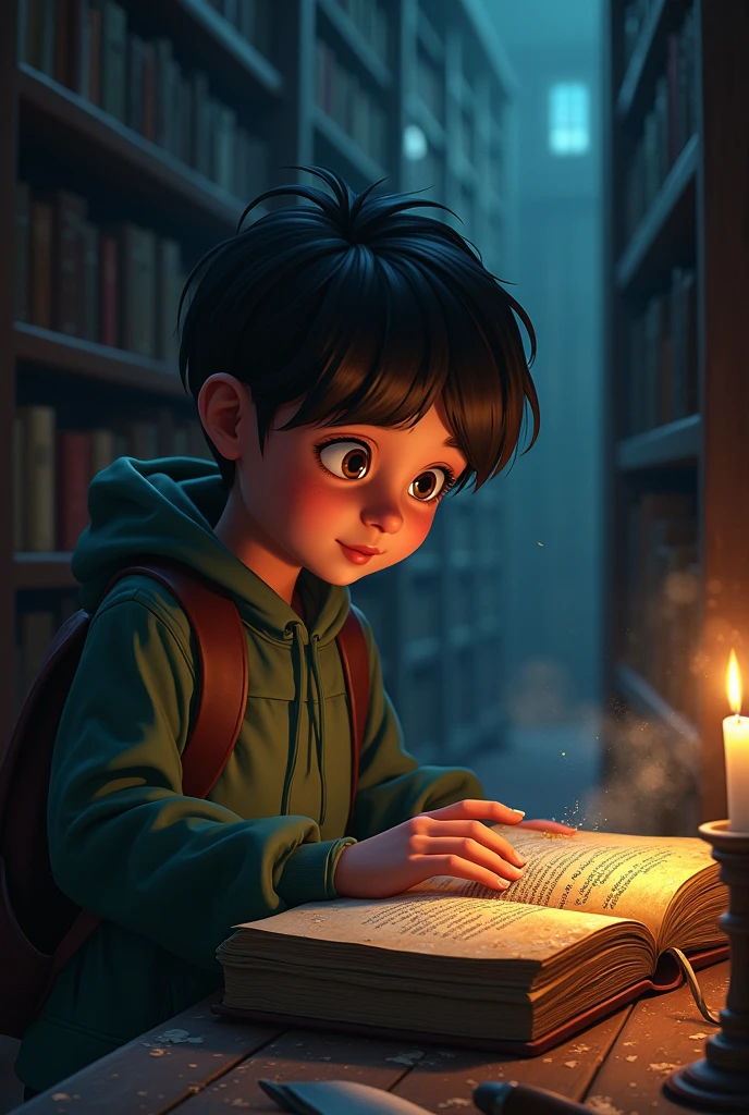 A dimly lit library where a young student, Ali, finds a dusty old book with a warning: 'Never Read This.'"Animation form