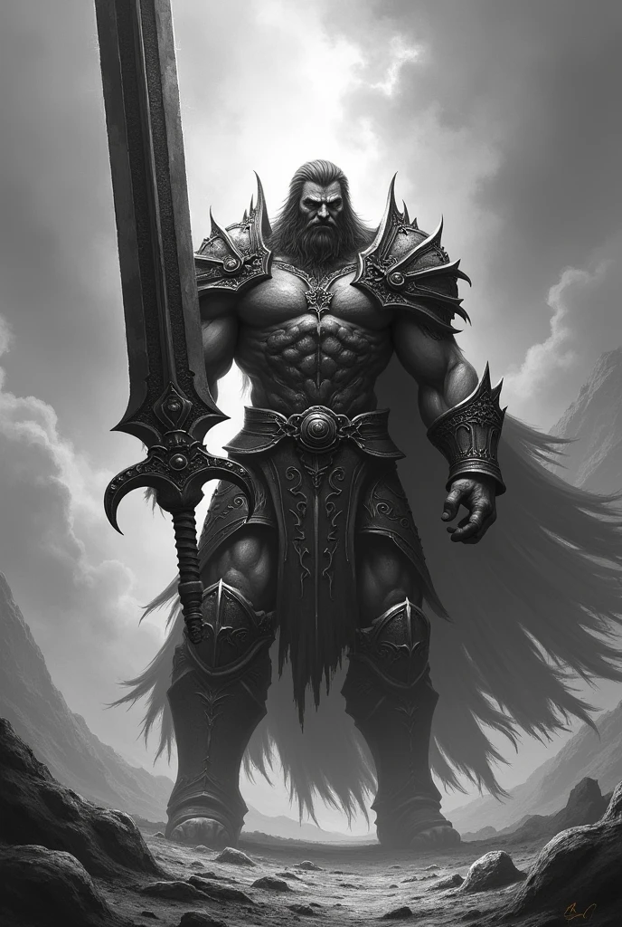 God of wars holding giant sword with blood no color