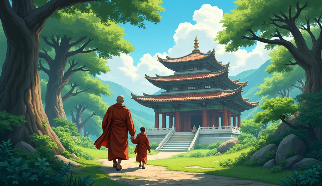 Young monk student walking and going towards temple with his master monk who looks fat but wisdom full , surrounded by tree, temples, greenary, in anime style,