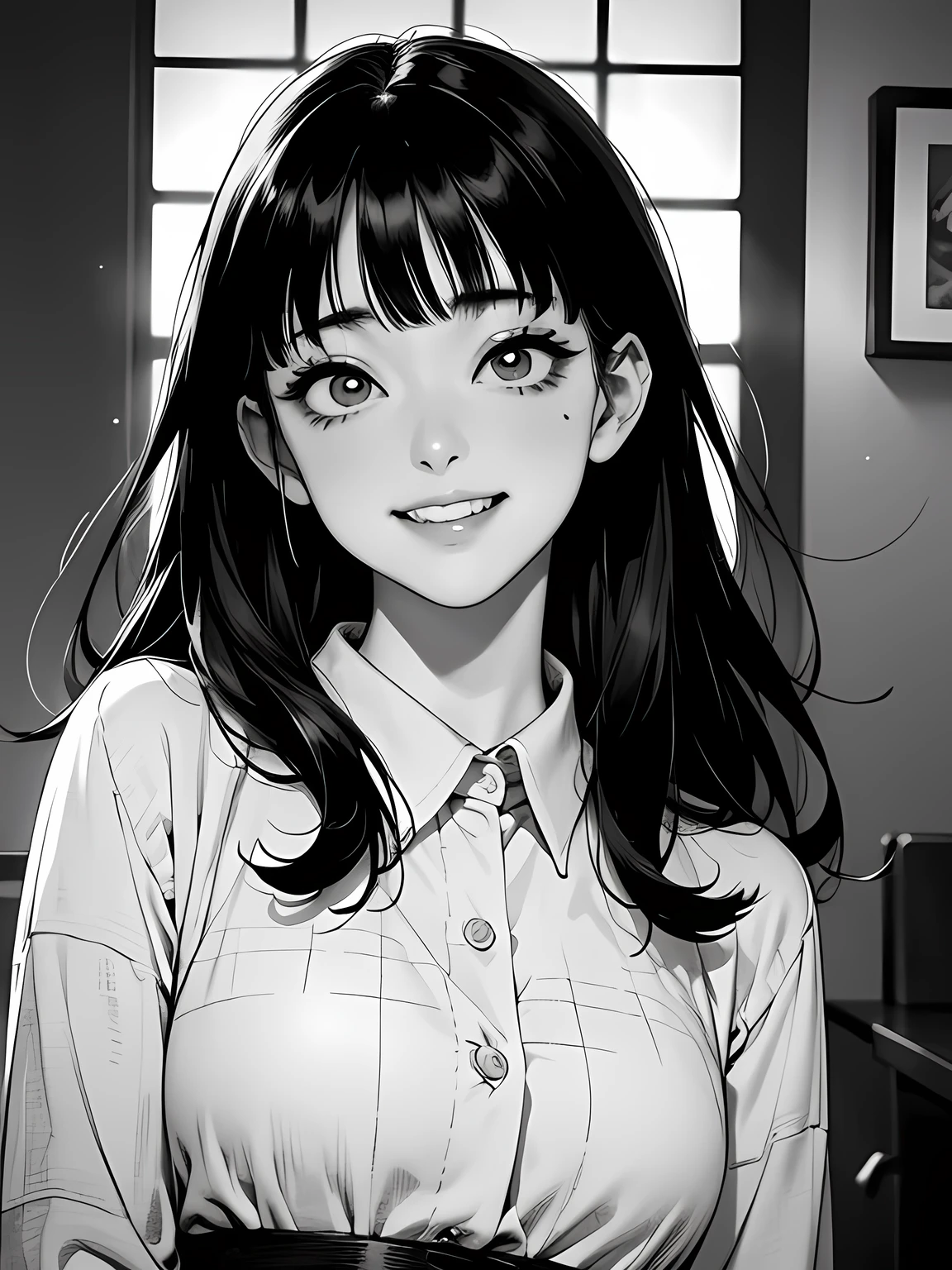((Junji Ito art)), Tomie, Tomie Kawakami is unparalleled beauty girl, ((Beautiful girl:1.3)), Sheer dress, Mole on left eye, (Small pupils:1.5, Big and Slanted eyes:1.3), (Nasty grin, Mouth with upturned corners1.4, Closed Mouth:1.3), Slightly gloomy face, (monochrome), (screentones:1.3), ((Horror Manga)), From the classroom, (((darkness)))
