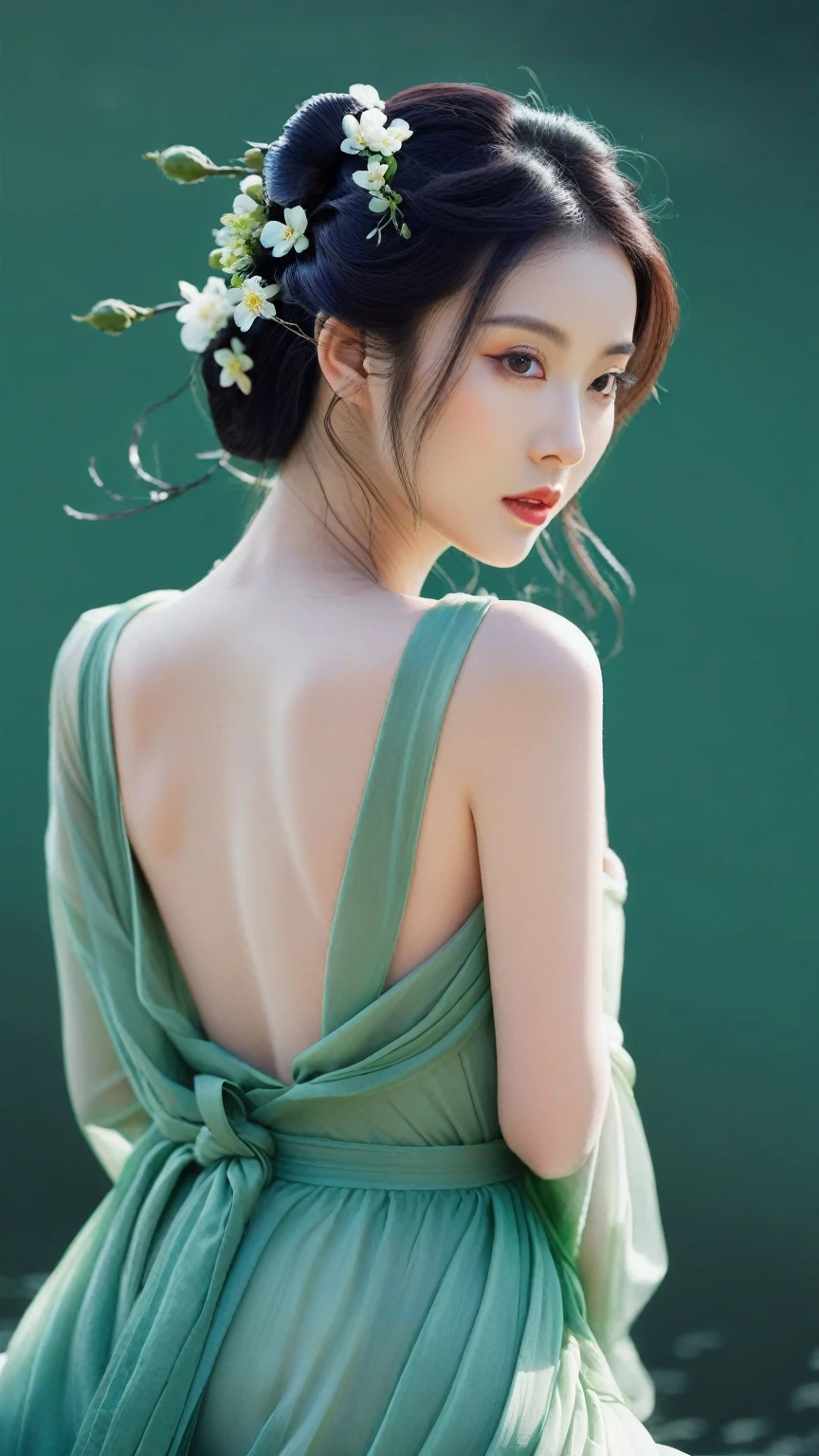 A woman in a green dress、Close-up of a woman with flowers on her head, Beautiful Chinese model, Cute and elegant pose, Amazingly graceful pose, author：Ye Xin, Chinese Girl, elegant side pose, author：Zhang Han, Yu Zhiding, Beautiful Korean woman, by Xia Yong, Beautiful Asian girl, Li Song, Wearing a robe, Ethereal Beauty, Chinese