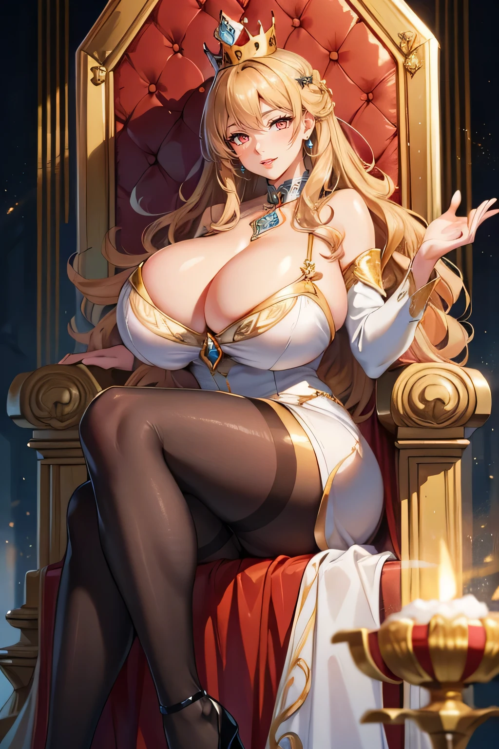 (ultra  quality, ethereal), gorgeous mature woman, intricate details, fantasy setting,  (gigantic breasts:1.6), huge ass, very curvy, curly honey blonde hair, crown, (orange pink eyes), full lips, seductive, smiling, (detailed elegant slutty gown),  pantyhose, throne, castle, collar, sultry expression, sexy sitting pose, volumetric lighting, cinematic lighting 