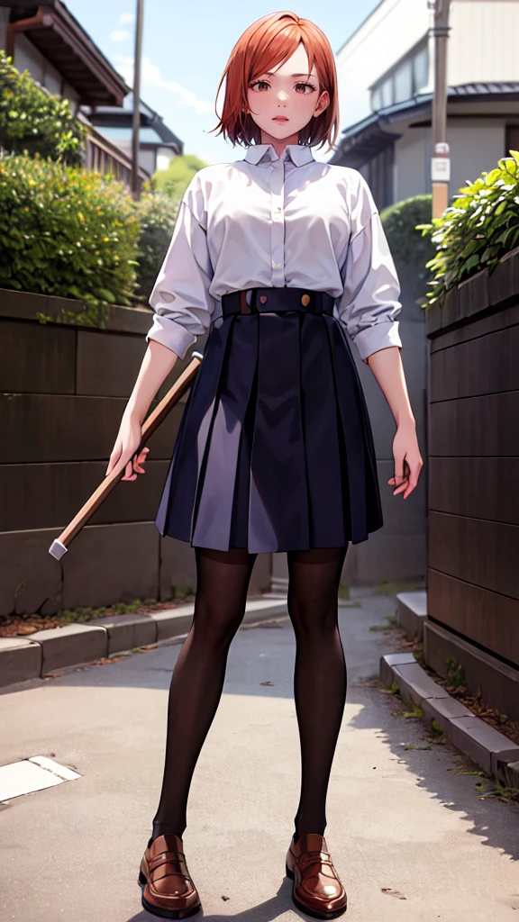 独奏,half body,Naizakino rose，From the manga Jujutsu Kaisen，A Japanese high school girl，Orange shoulder-length straight hair，Orange Eyes，穿着蓝black外套，蓝black百褶裙，black，Brown shoes，A brown belt tied around the waist，Used to carry her hammer，Nail and Scarecrow，high resolution,