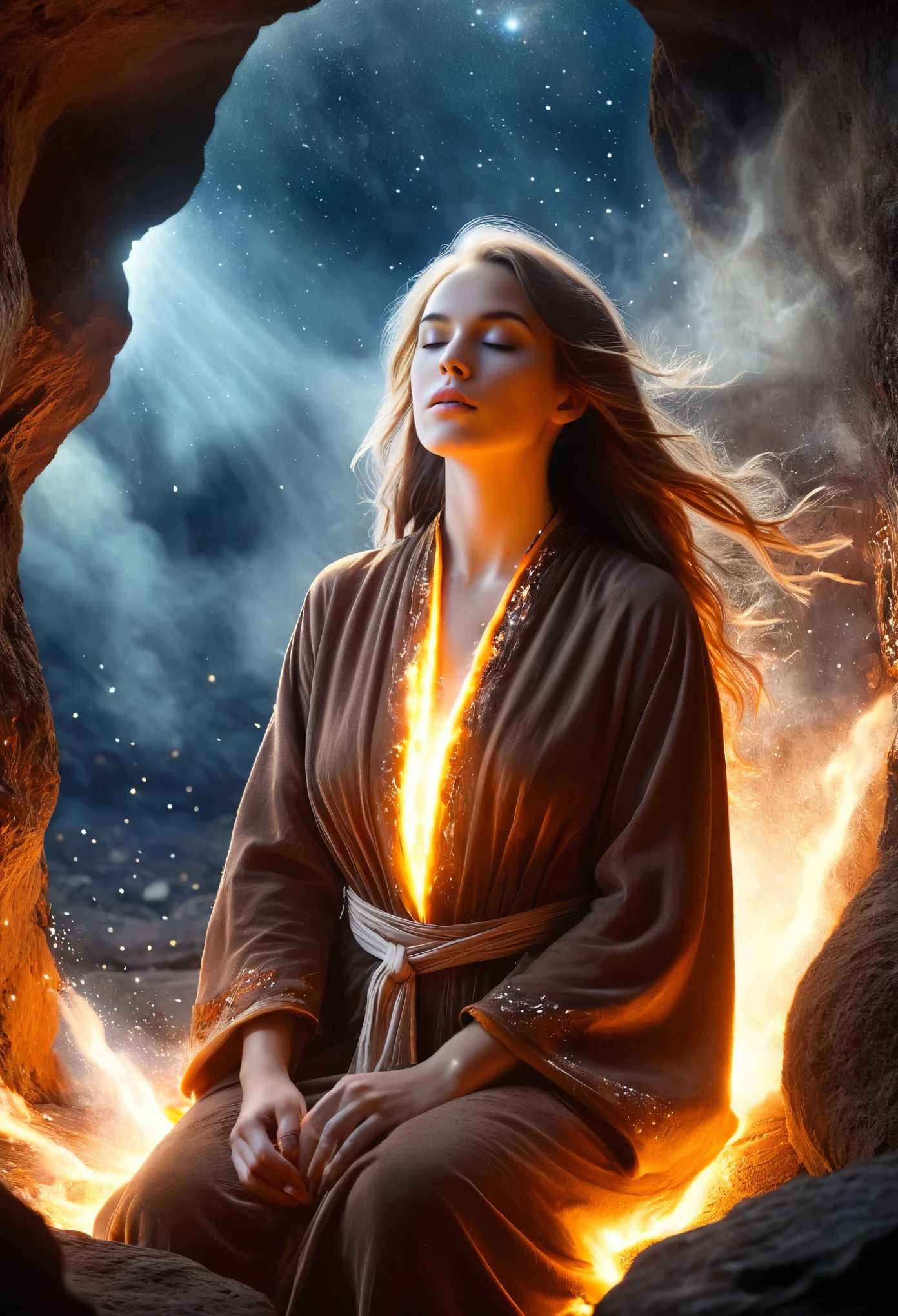 (Highest quality, masterpiece), (One girl, alone,Brown robes, expression, avert your eyes, Sitting, Wide sleeves, Iris, Mouth closed, Ribbon-shaped fire on head, Long Hair, Cowboy Shot), (Night sky at the cave entrance , Light rising from below, Inside the cave, A bunch of floating glowing white particles, Burning fire at hand, Many small fires are floating),