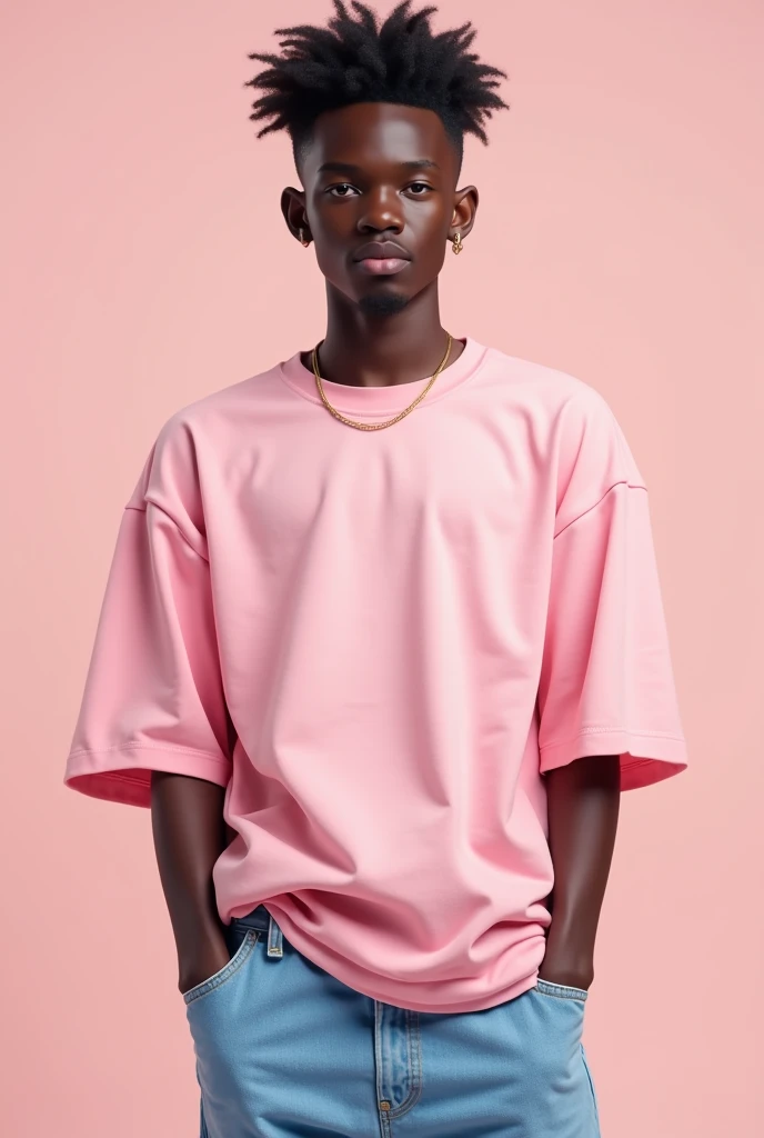 A 19-year-old dark-skinned boy wearing a light pink oversized t-shirt and light blue baggy jeans