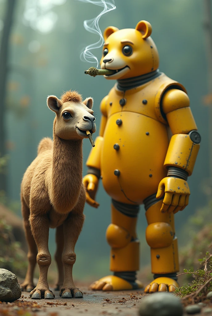 A stoned camel with a marijuana joint and a yellow animatronic bear with a giant spindle, realisitic