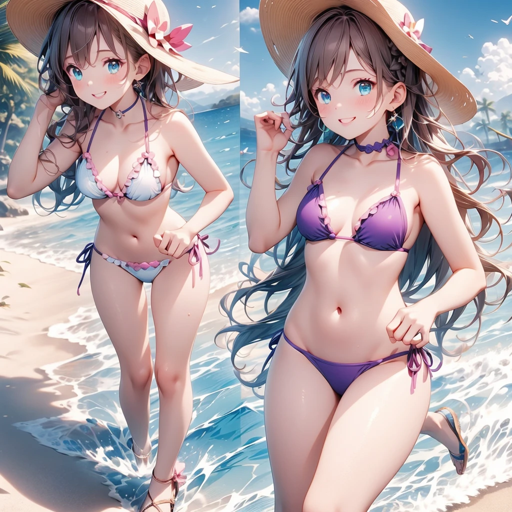 A beautiful girl in a purple bikini with a plate of fruit, anime girl, purple ruffled bikini, beach, sun, sand, sea, beautiful sky, chopped fruit, coconut tree, beach hat, sandals, crabs and dolphins, big round breasts, dark brown hair, long bangs, braided ponytail, long hair, wavy hair, shiny hair, hairclip, ribbon, sunglasses, anchor choker, aqua eyes, glowing eyes, earrings, blush, tongue, smiley, glossy lips, upper teeth, slim waist, beautiful legs, detailed body, full body, high detail, anime, anime style, depth of field, cinematic lighting, dithering, image fill, multiple views, from above, from below, from behind, from side, perspective, lens flare, Wide-Angle, f/1.8, 85mm, Sony FE GM, 8k, super detail, UHD, retina, masterpiece, accurate, anatomically correct, textured skin, high details, best quality, highres, 16k