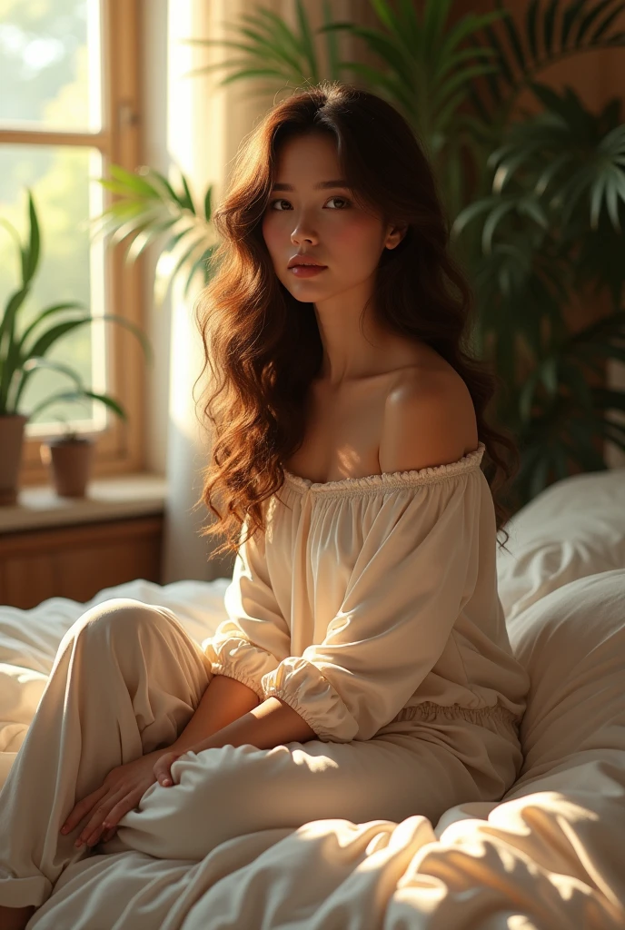 (photorealism:1.2), beautiful woman, sitting on bed, wearing loose off-shoulder top, pajama pants, long curly hair, indoors, soft lighting, plants in background, window with sunlight, cozy room, relaxed pose, realistic, intricate details, warm colors, by Greg Rutkowski, by Alphonse Mucha