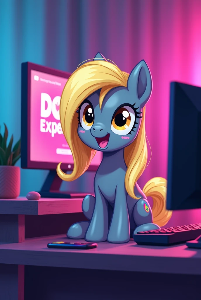 I want a picture of Derpy Hooves her skin color is gray, and her hair is golden, golden eyes with wings, I want it to be on a gamer PC looking at the camera and the monitor, this is a YouTube channel that says "doge the experimenter" RGB lights and Derpy is happy